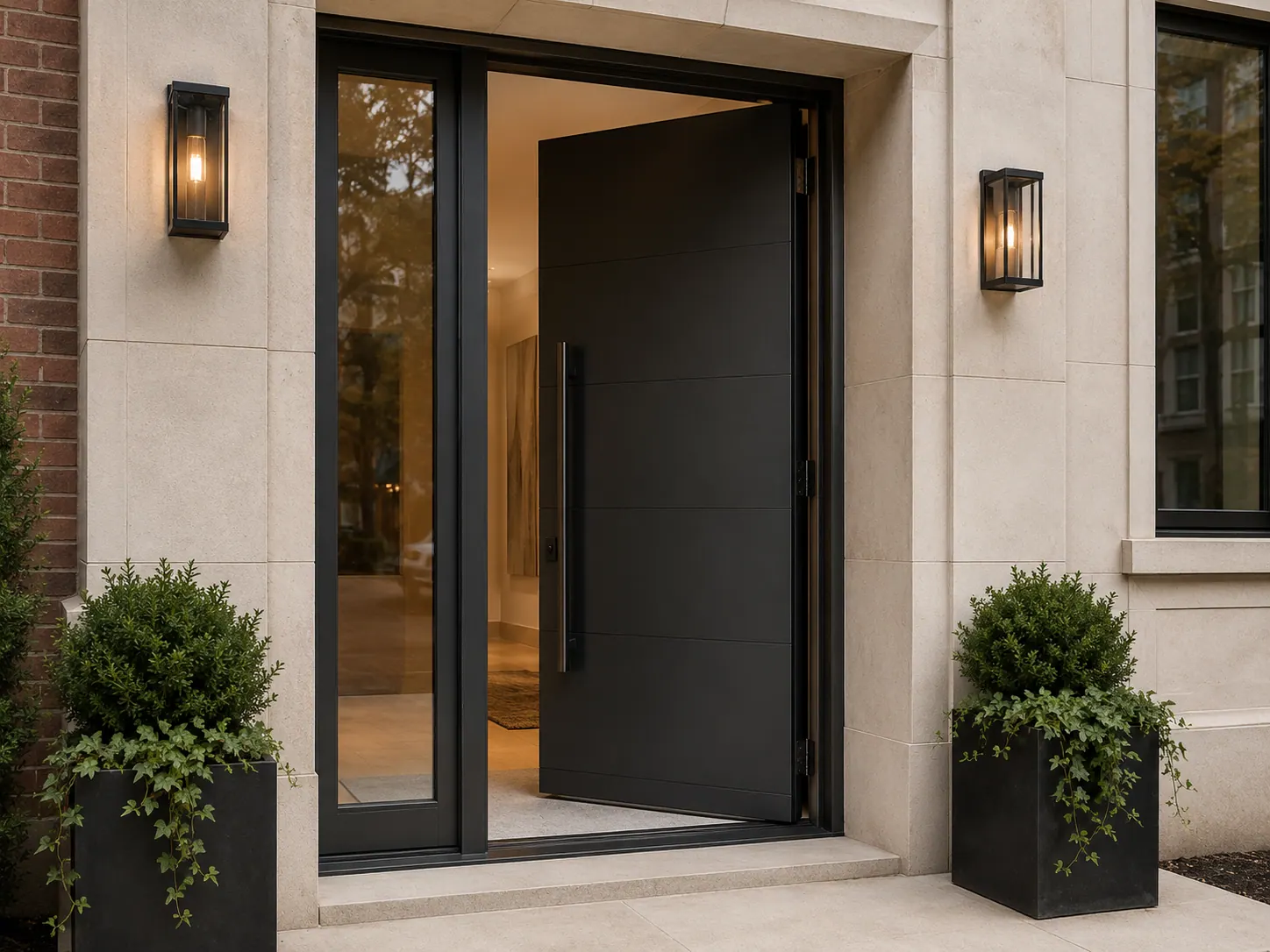 A contemporary glazed entry door set into a masonry facade