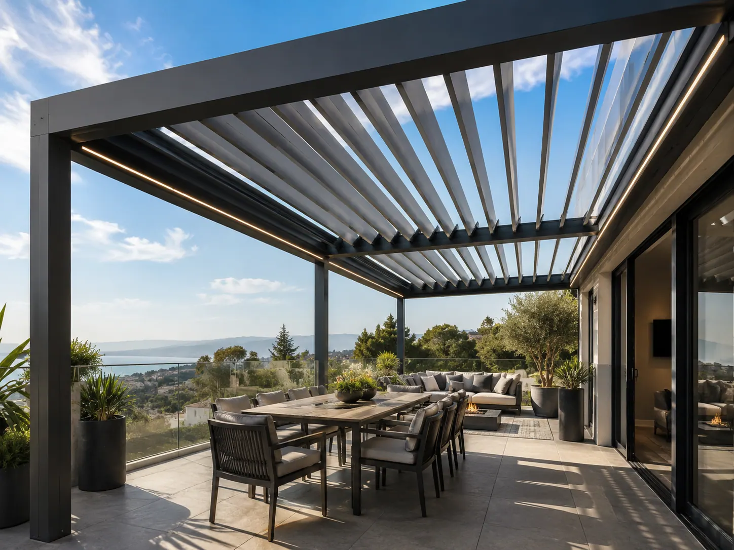 Louvered aluminum pergola over a terrace