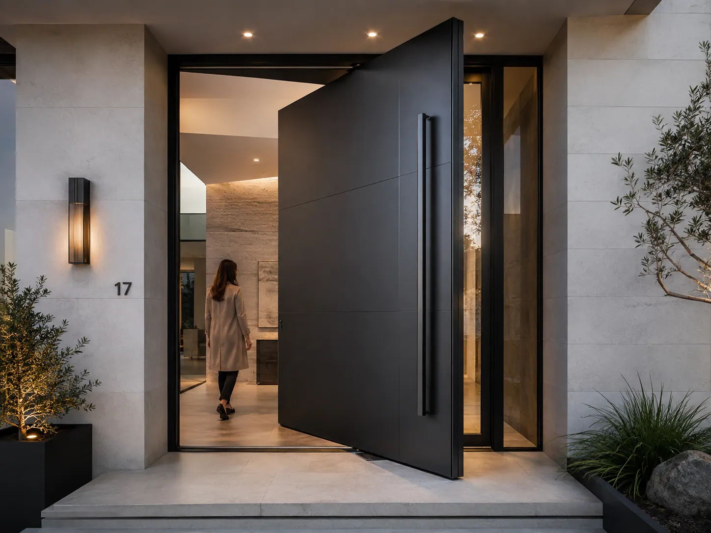 Oversized pivot door mid-swing