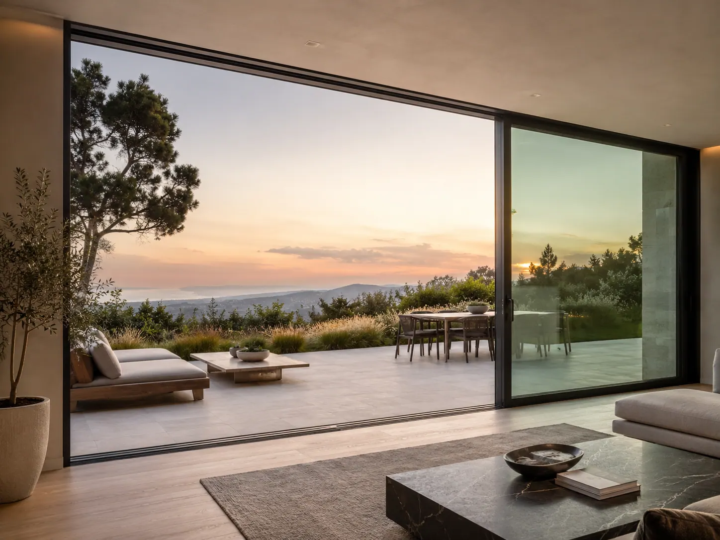 Lift-and-slide door open to a terrace