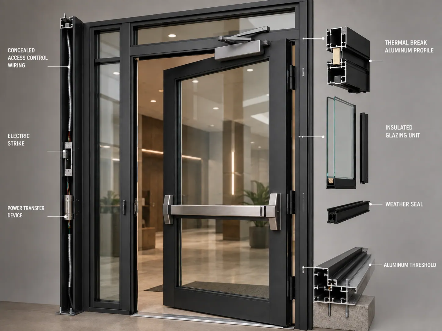 Exploded diagram of a commercial aluminum entrance door labeling concealed access-control wiring, electric strike, power transfer device, thermal-break aluminum profile, insulated glazing unit, weather seal, and aluminum threshold