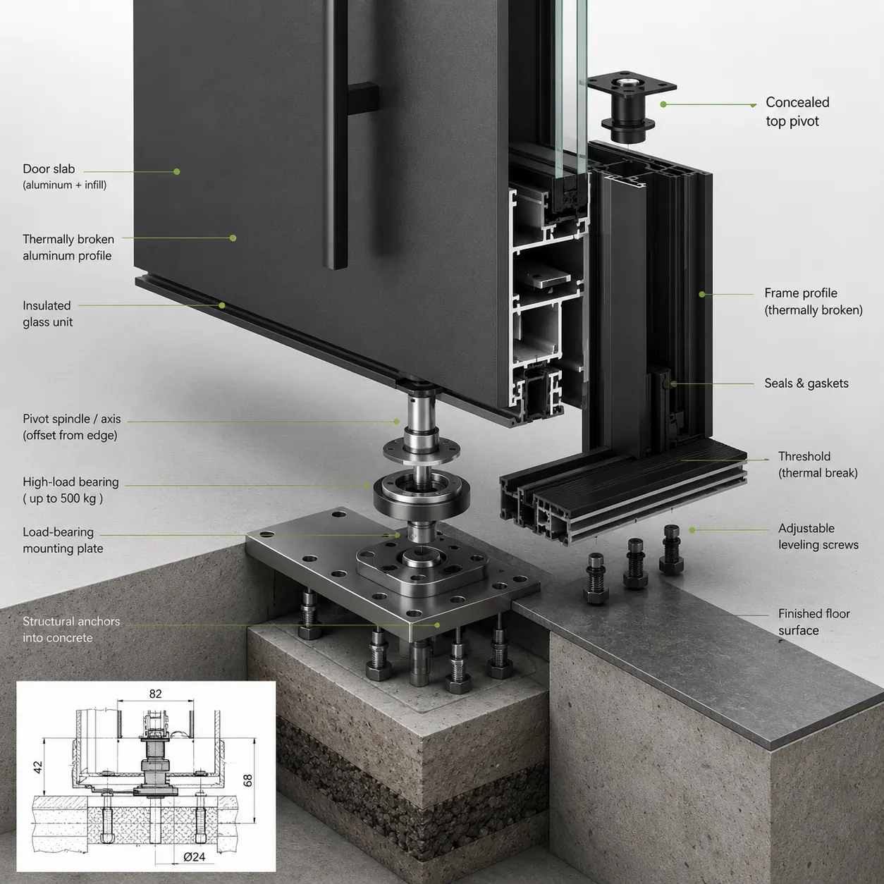 Concealed pivot hardware, exploded