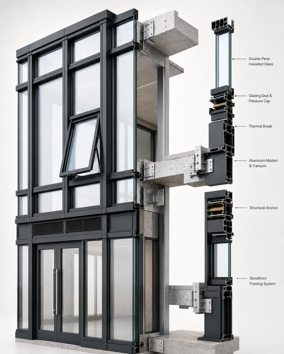Exploded curtain wall assembly diagram labeling double-pane insulated glass, glazing seal and pressure cap, thermal break, aluminum mullion and transom, structural anchor, and storefront framing system