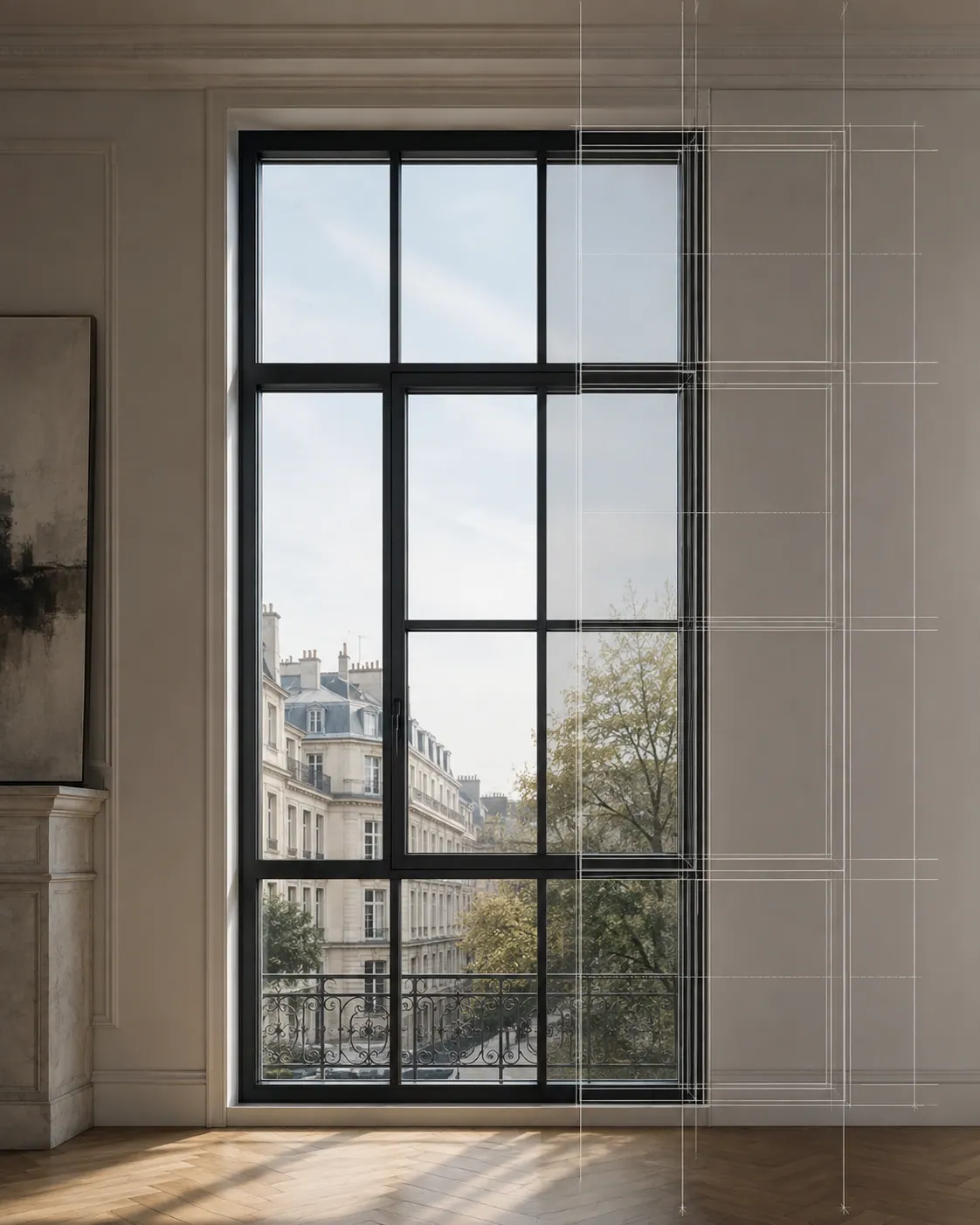 Steel-look glazing bar window with architectural drawing overlay