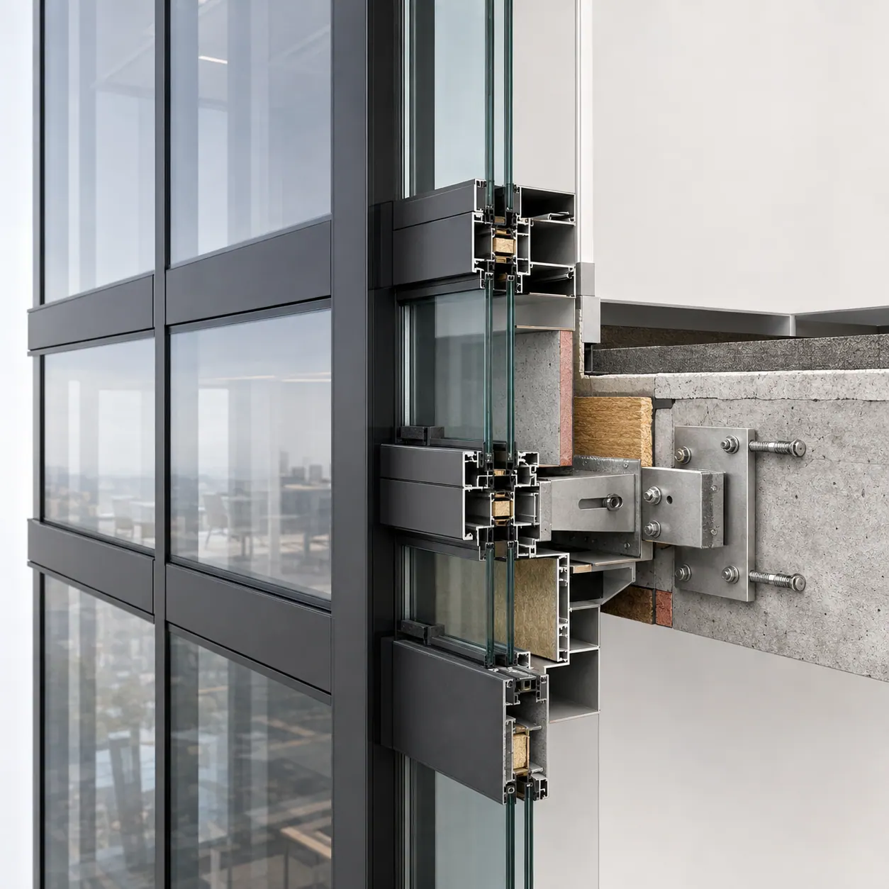 Curtain wall mullion and transom junction, exploded detail with structural anchor