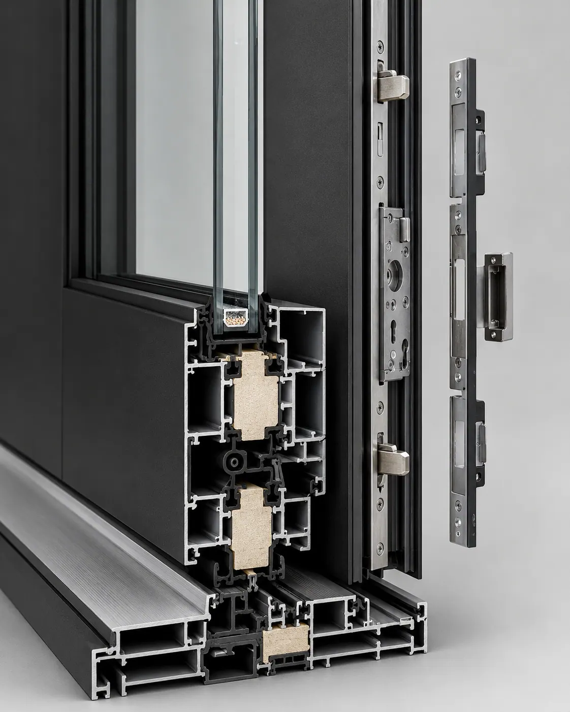 Cross-section of an aluminum door profile with multi-point locking hardware