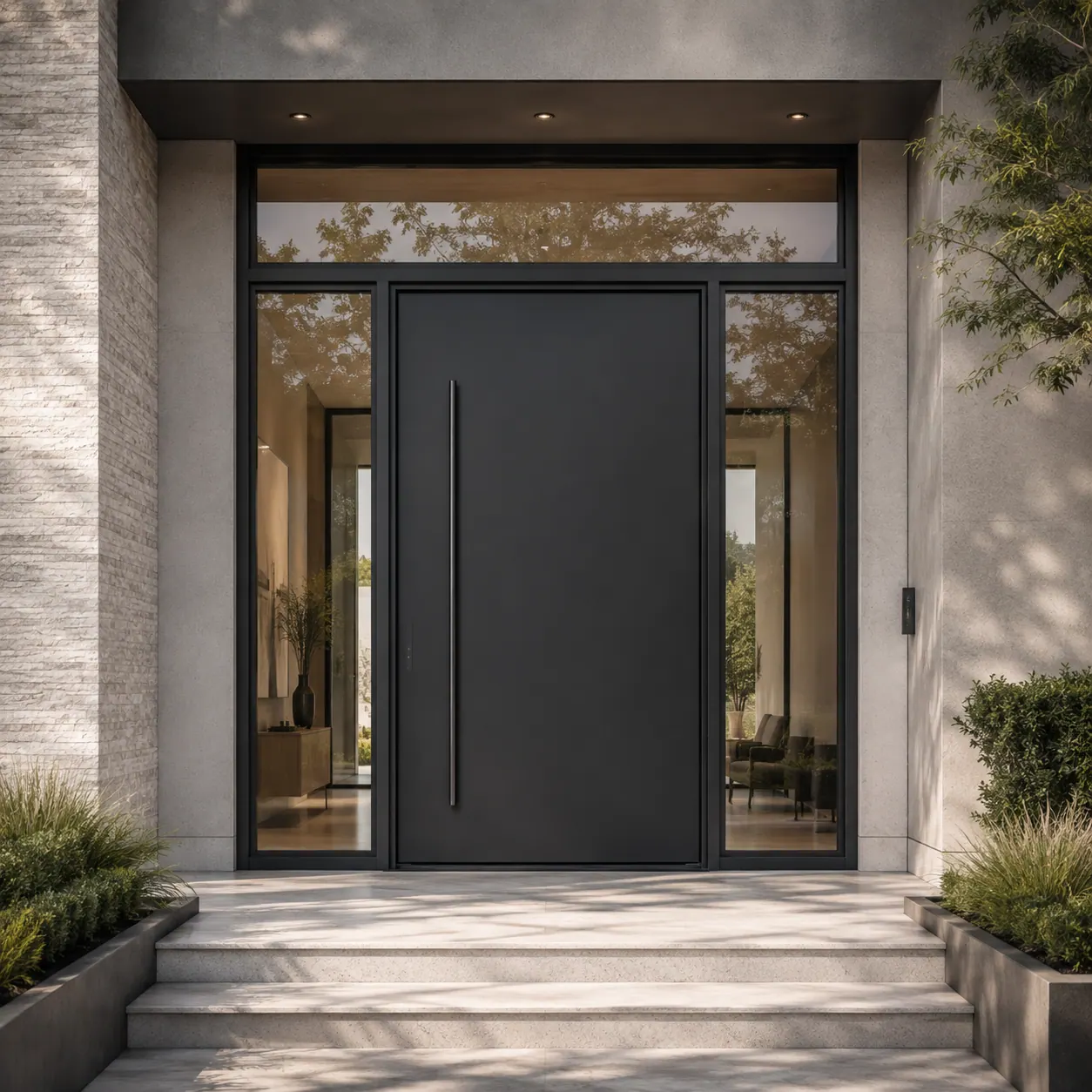 Aluminum entry door with sidelights and transom