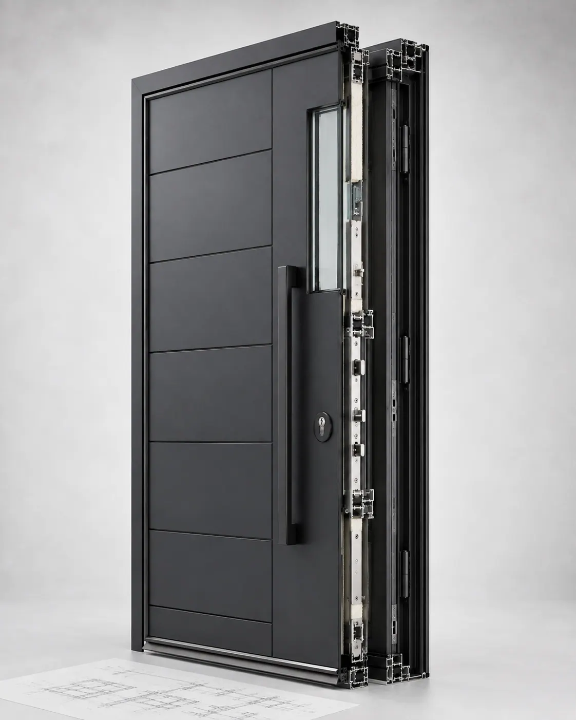 Aluminum entry door exploded view showing handle, hardware and multi-point locking
