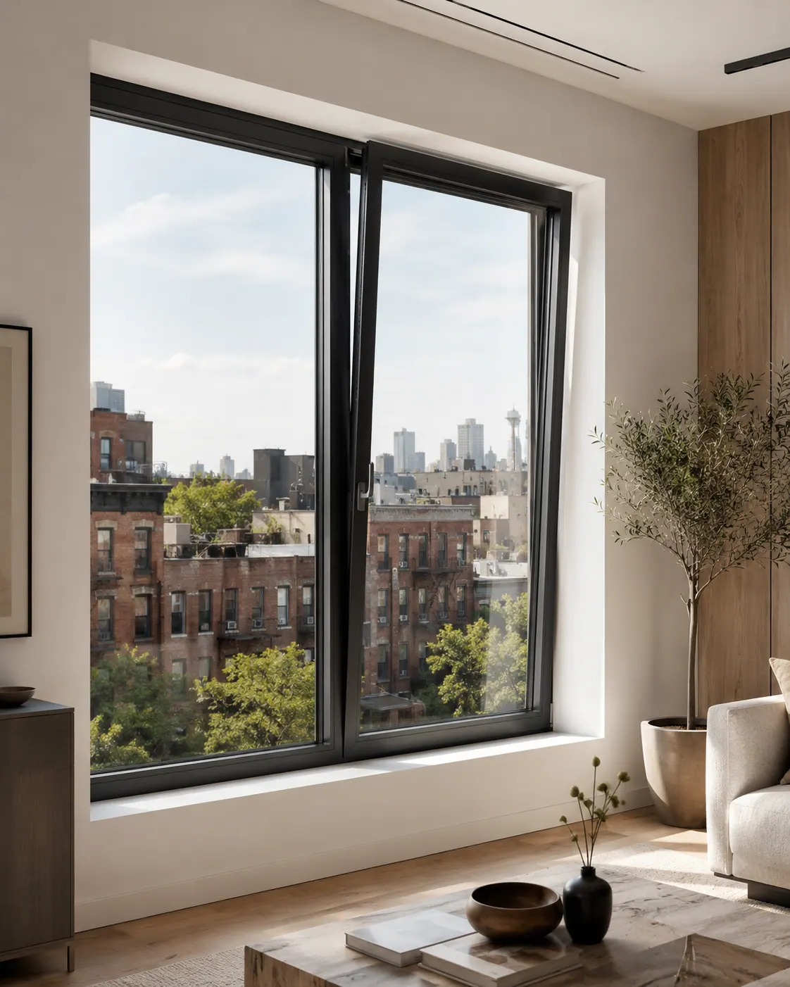 European tilt-and-turn window overlooking the Brooklyn skyline