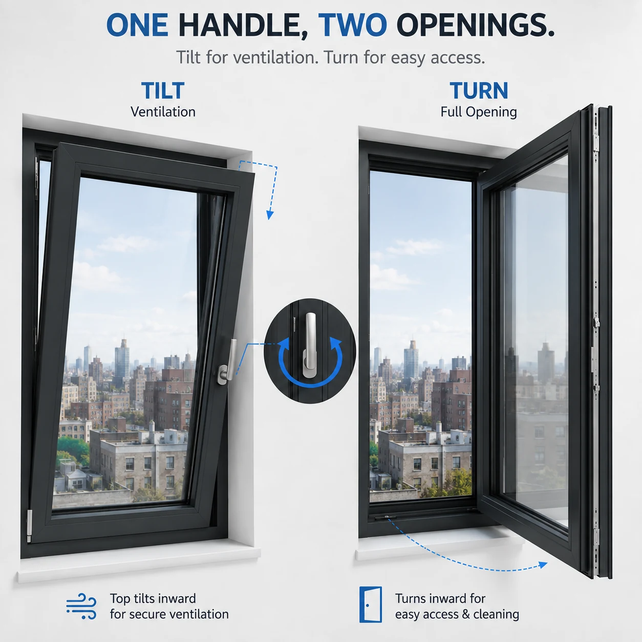 Diagram of a tilt-and-turn window showing tilt for ventilation and turn for full opening