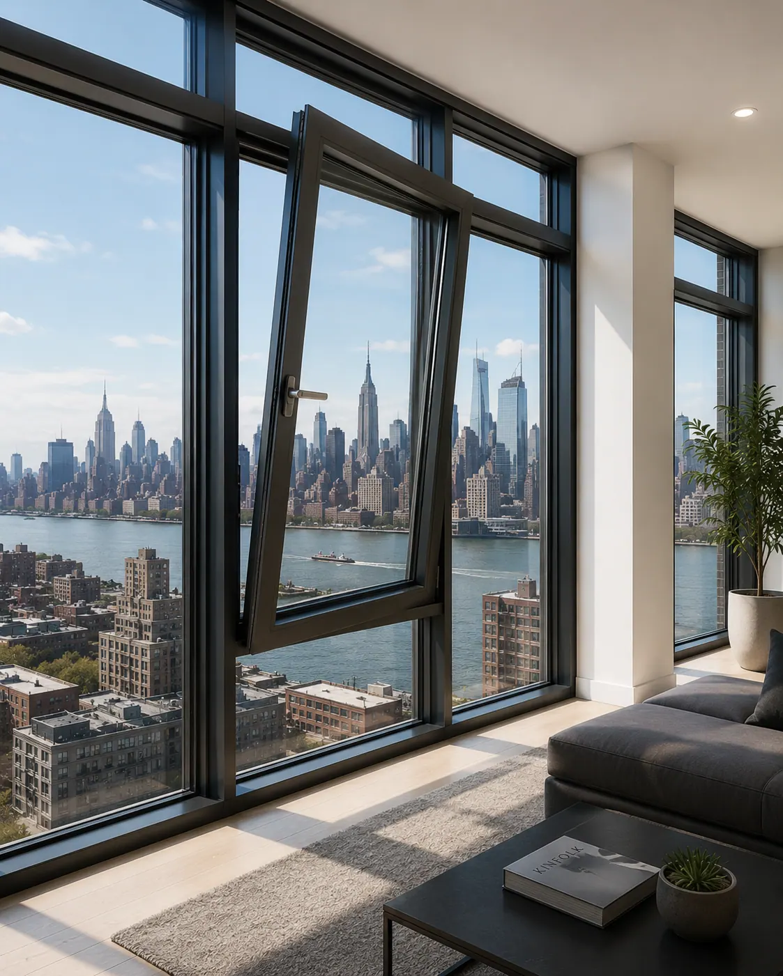 European aluminum tilt-and-turn window in a modern NYC apartment overlooking the Manhattan skyline