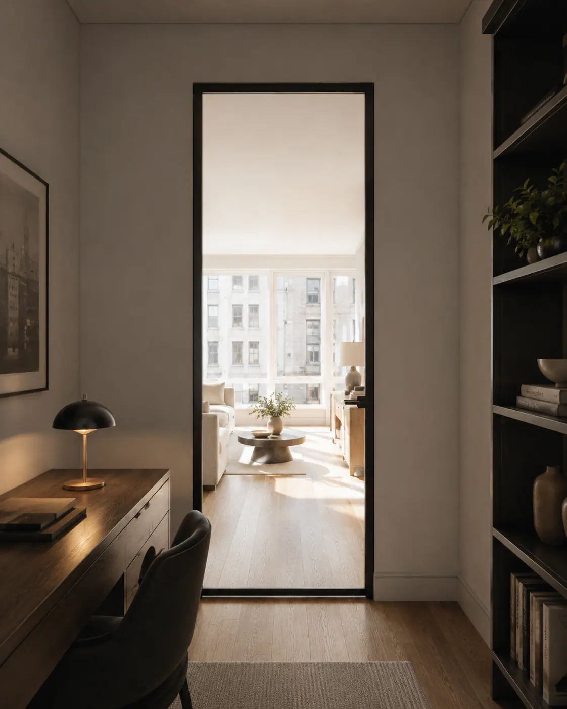 Daylight passing through a glazed interior door into a living room