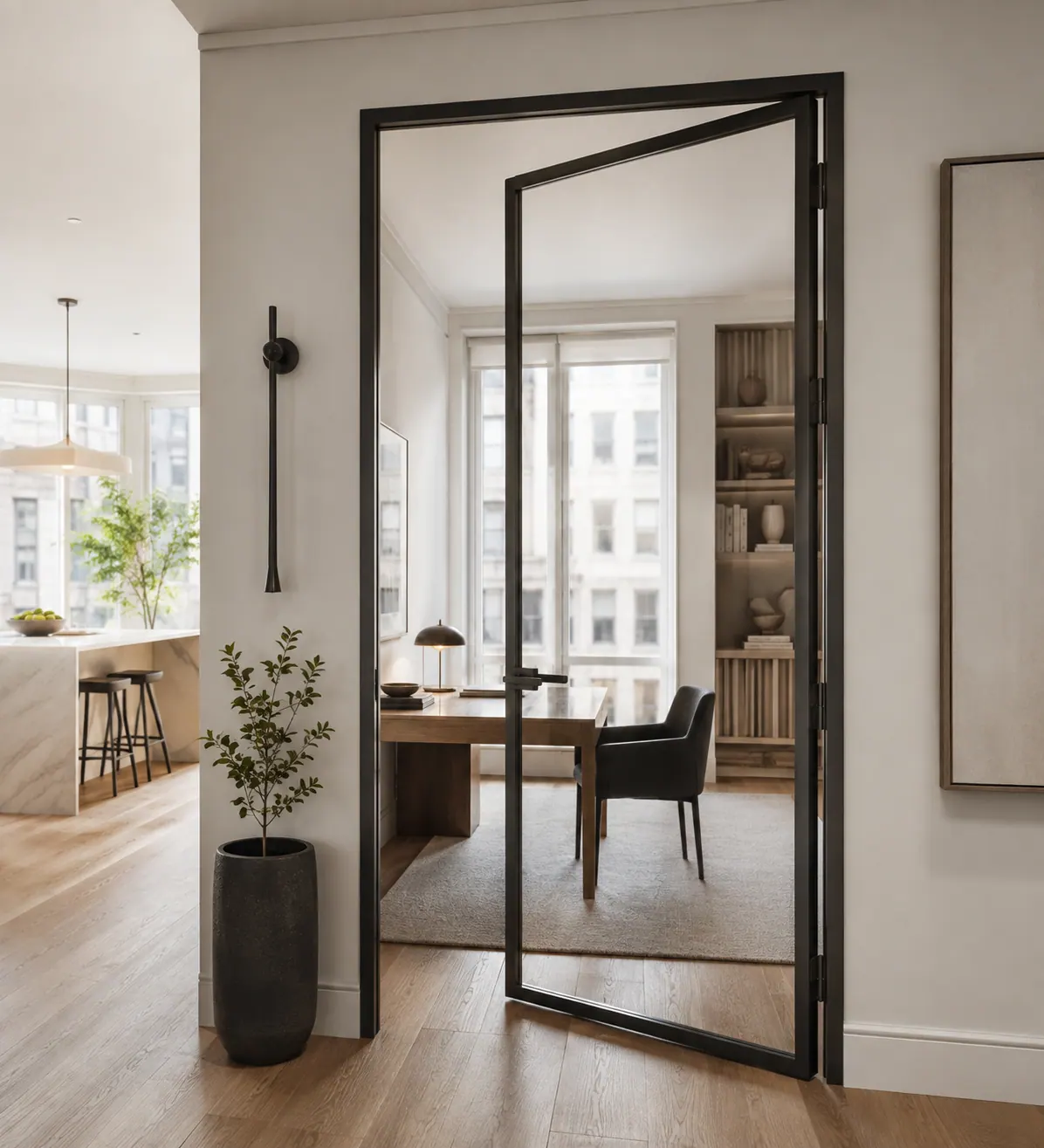 Glazed aluminum pivot interior door opening into a home office