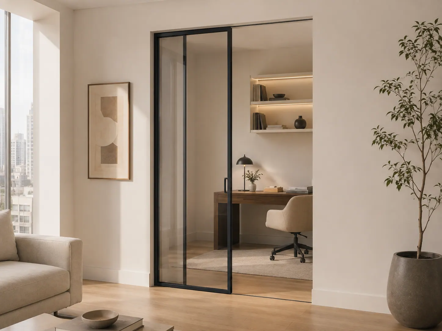 Sliding glazed door on exposed track