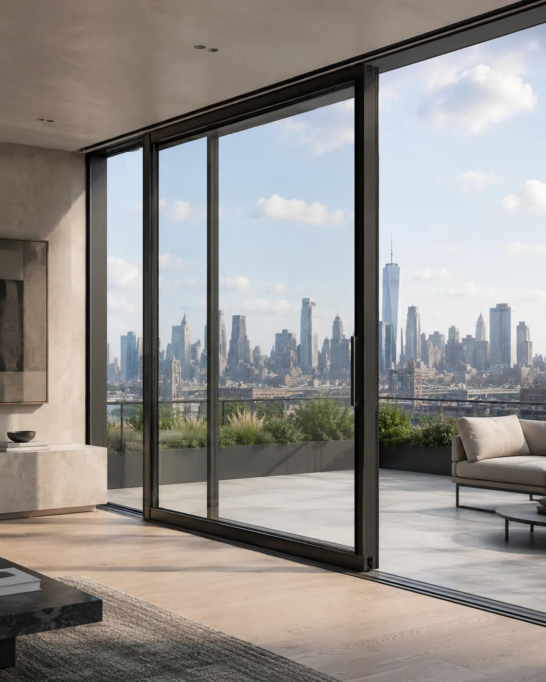 Lift-and-slide door open onto a Brooklyn rooftop terrace with Manhattan skyline view