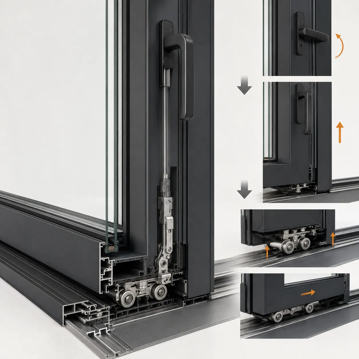 Lift-and-slide door mechanism showing the lift-turn-roll sequence