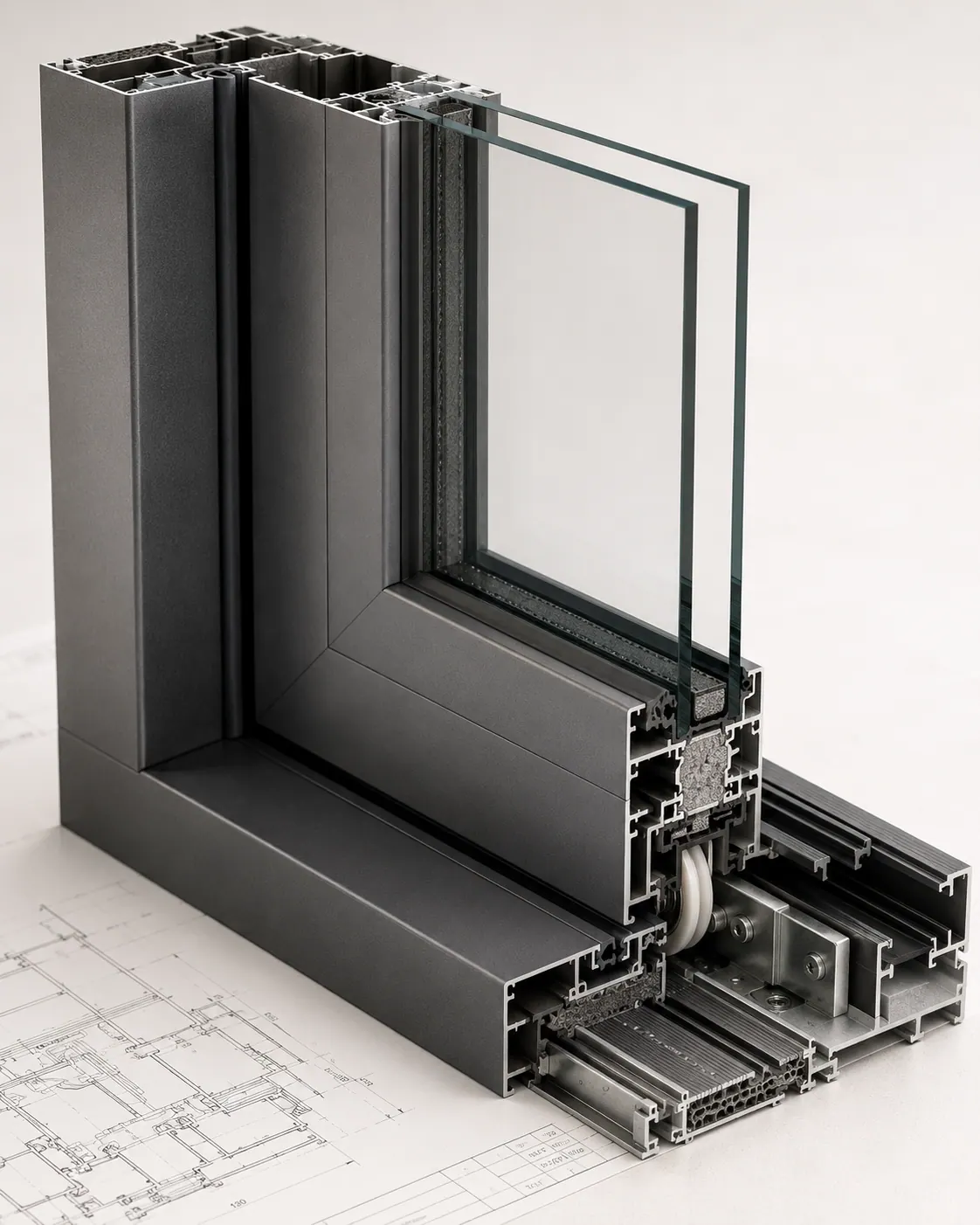 MB-59HS lift-and-slide profile section with glazing and hardware