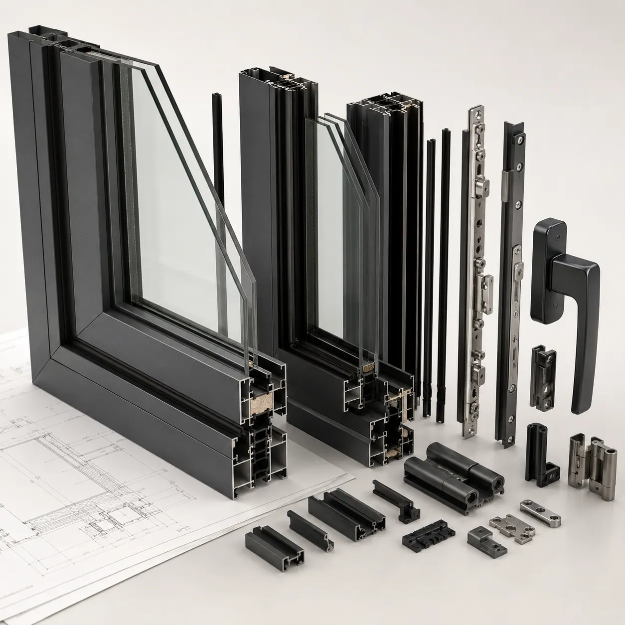 MB-79N profile, glass and hardware components, exploded