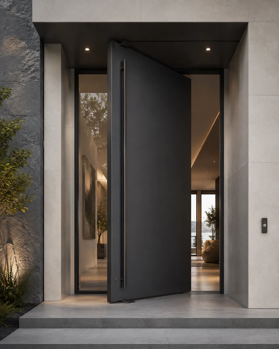 Oversized black aluminum pivot door open, exterior evening view