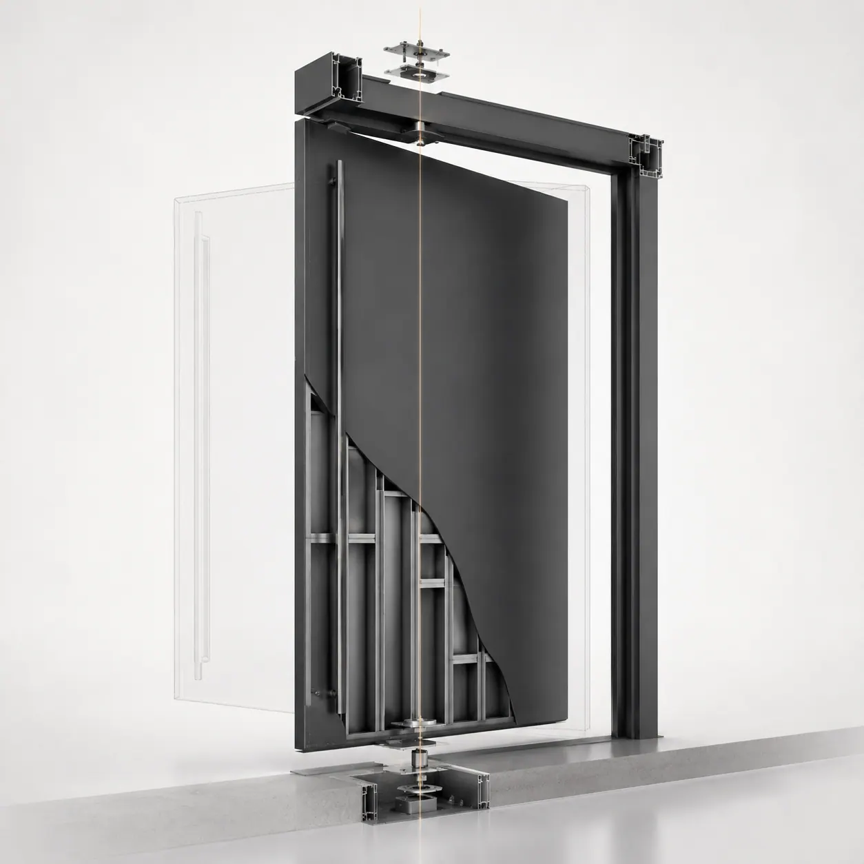 Pivot door mechanism showing the axis spindle and structural frame