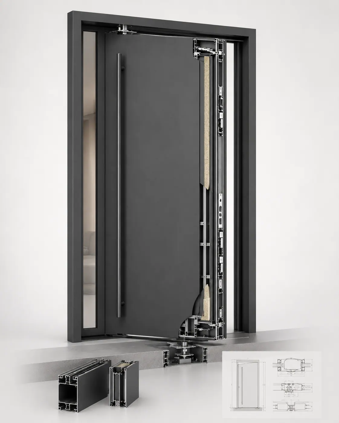 MB-86N pivot door profile, exploded view showing hardware and locking