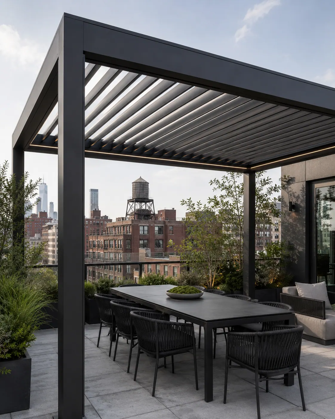 Louvered aluminum pergola over a Brooklyn rooftop terrace with skyline view