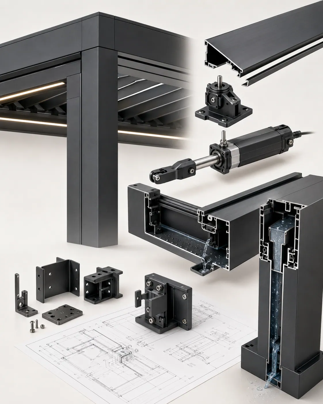 MB-OpenSky 140 louvered pergola blade and beam mechanism, exploded view