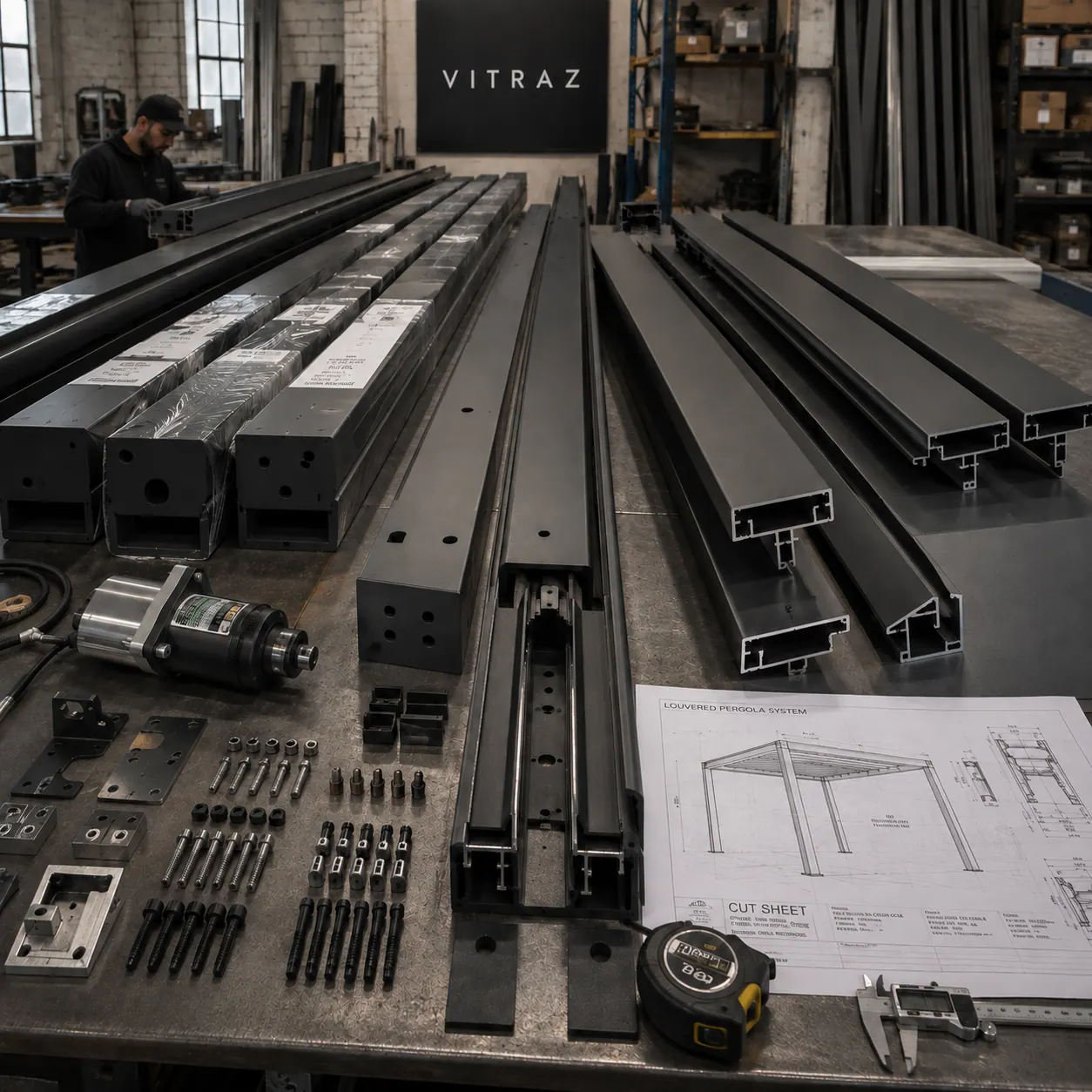 Vitraz louvered pergola components staged on the shop floor with cut sheet
