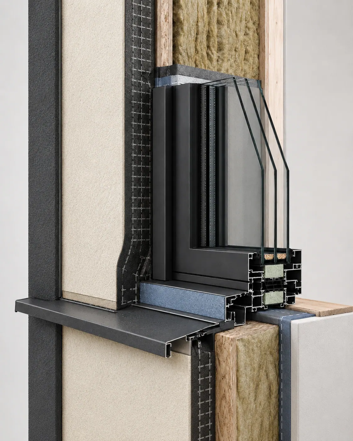 Cross-section of a triple-glazed passive house window installed in a wall assembly
