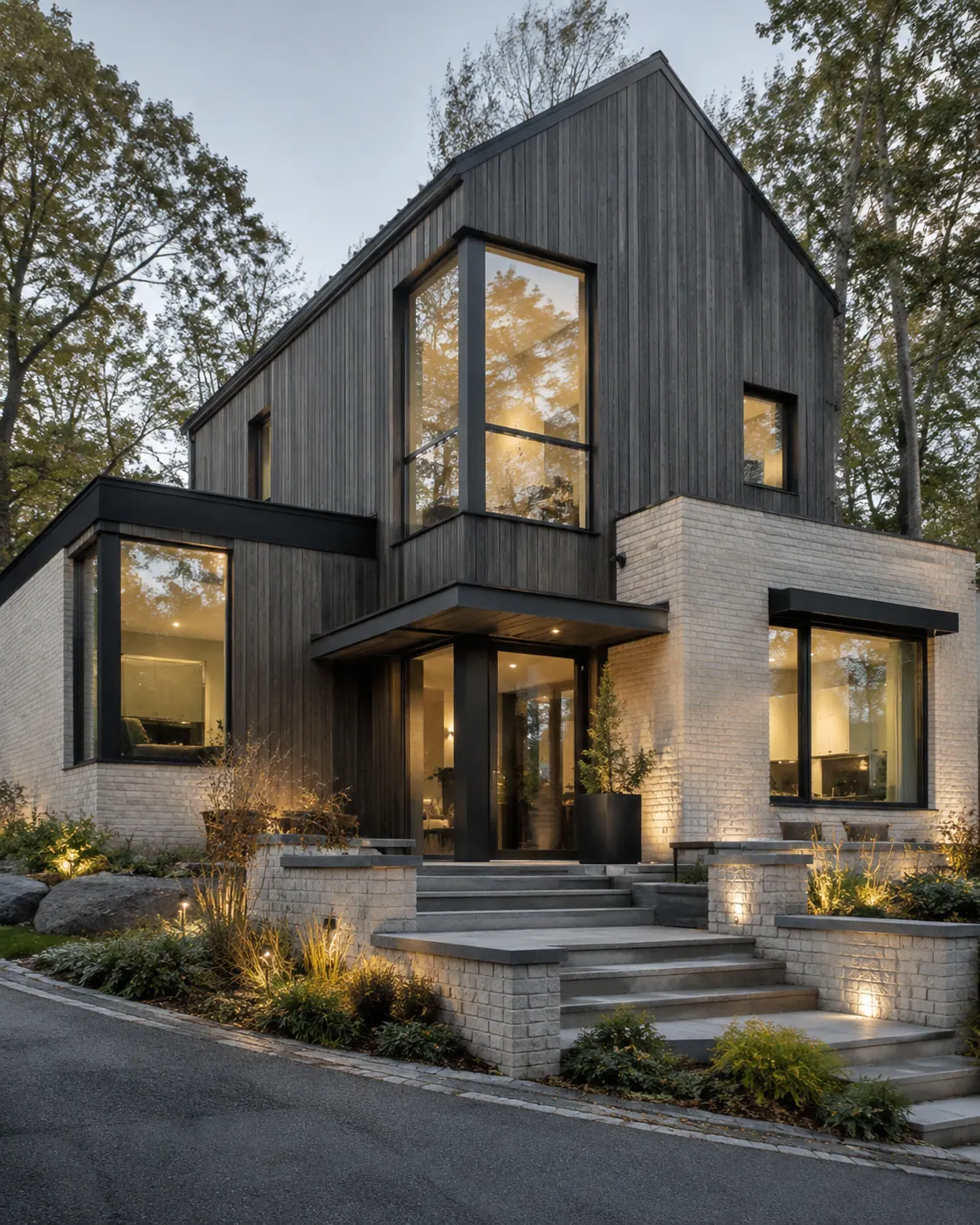 Modern Passive House with large triple-glazed aluminum windows at dusk