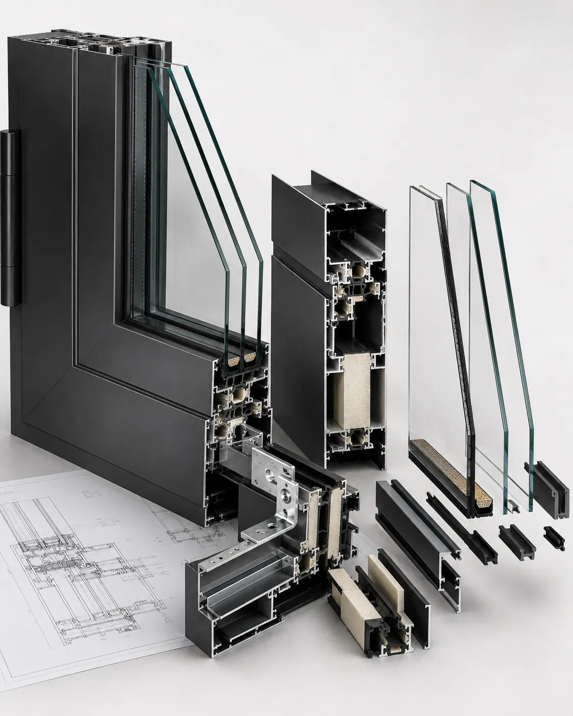 MB-104 Passive triple-glazed profile section, exploded view
