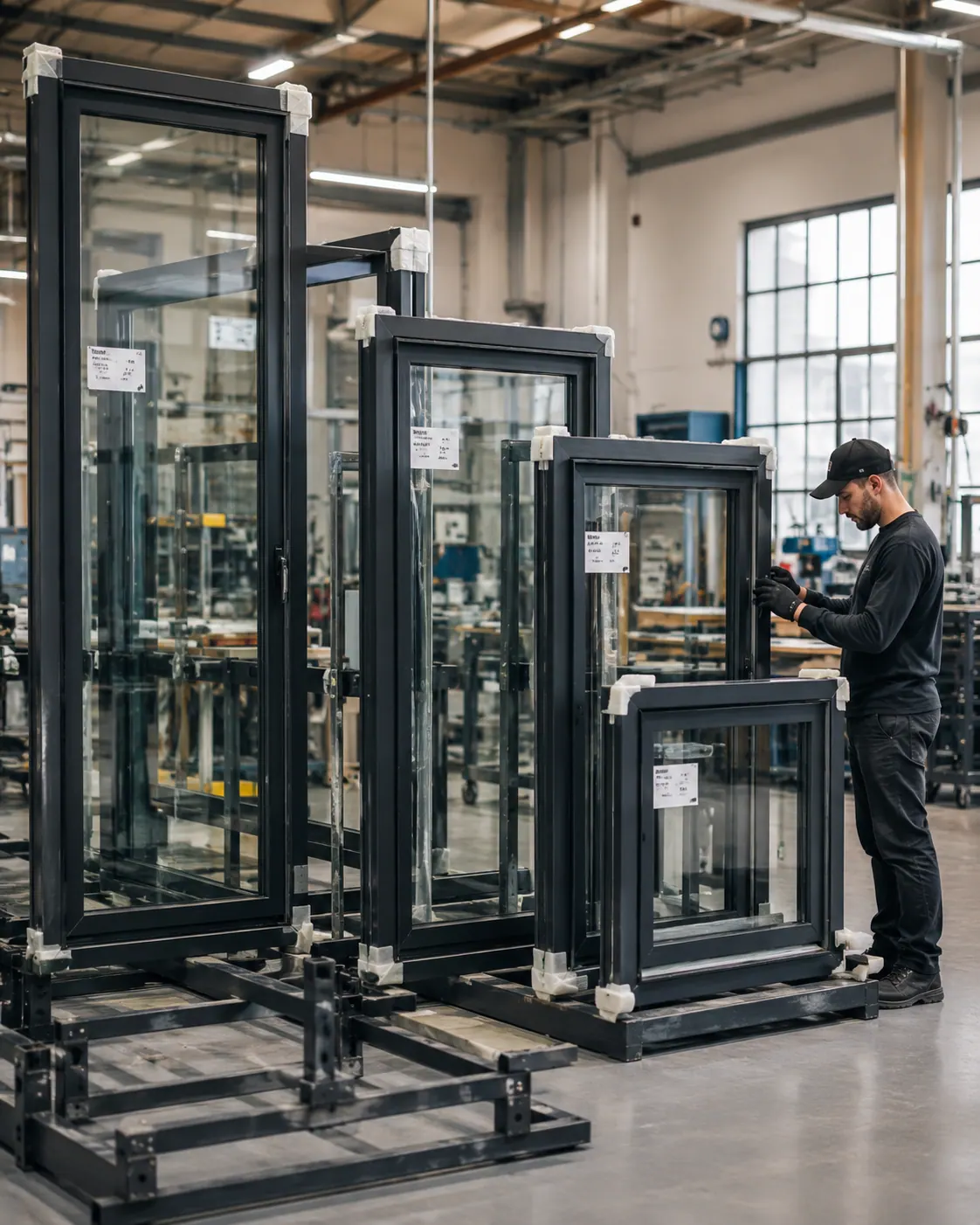 Vitraz technician inspecting finished aluminum window frames on the shop floor