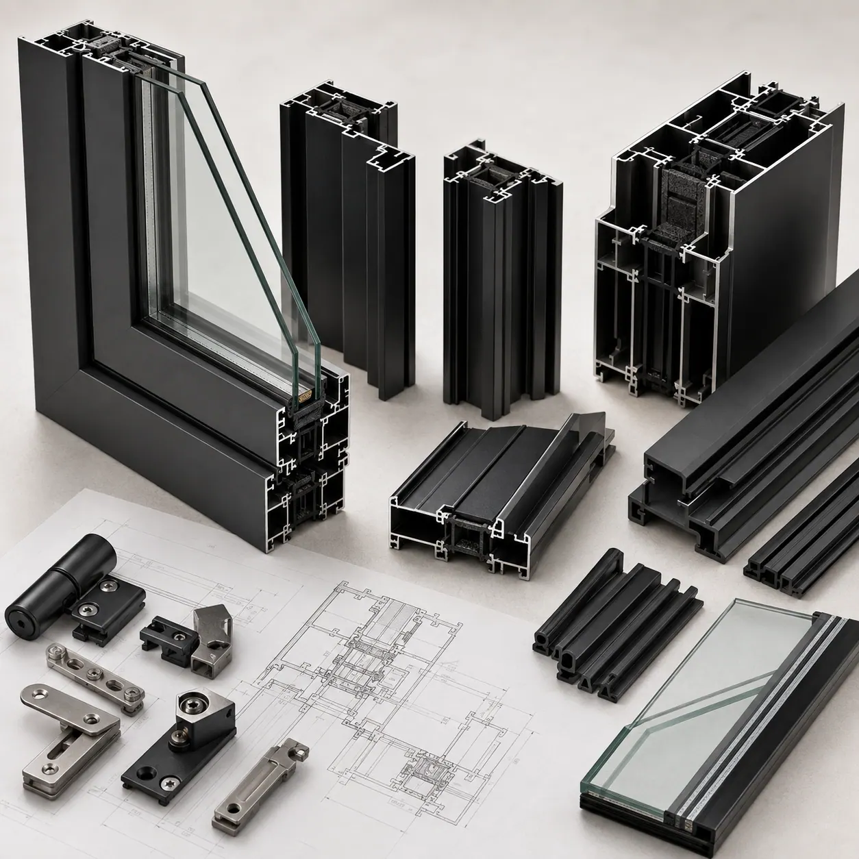 Exploded view of Aluprof aluminum window and door profiles, hardware and glass components