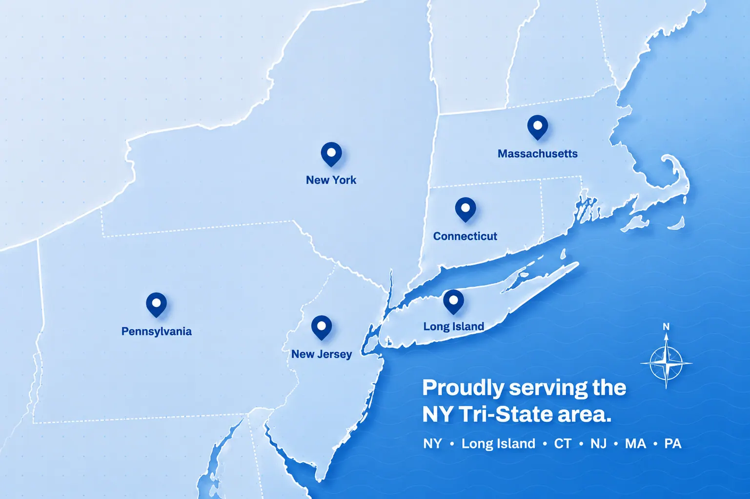Map of Vitraz service areas across New York, Long Island, Westchester, New Jersey, Connecticut, Rhode Island and Pennsylvania