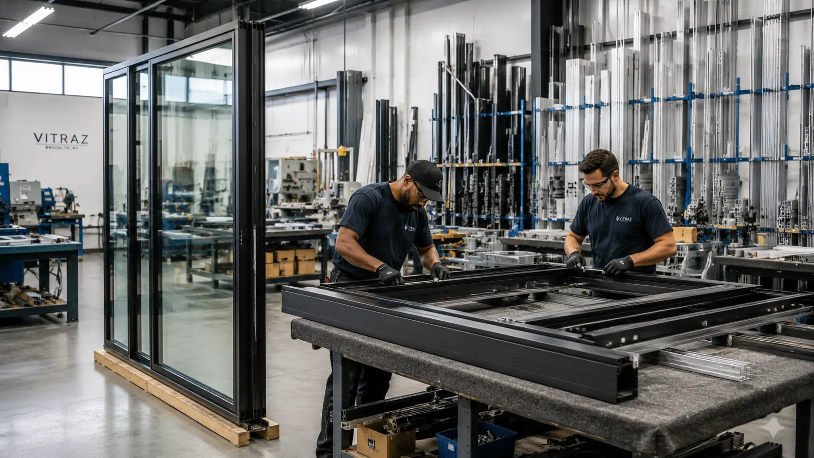 Vitraz fabricators assembling an aluminum window frame in the Brooklyn shop