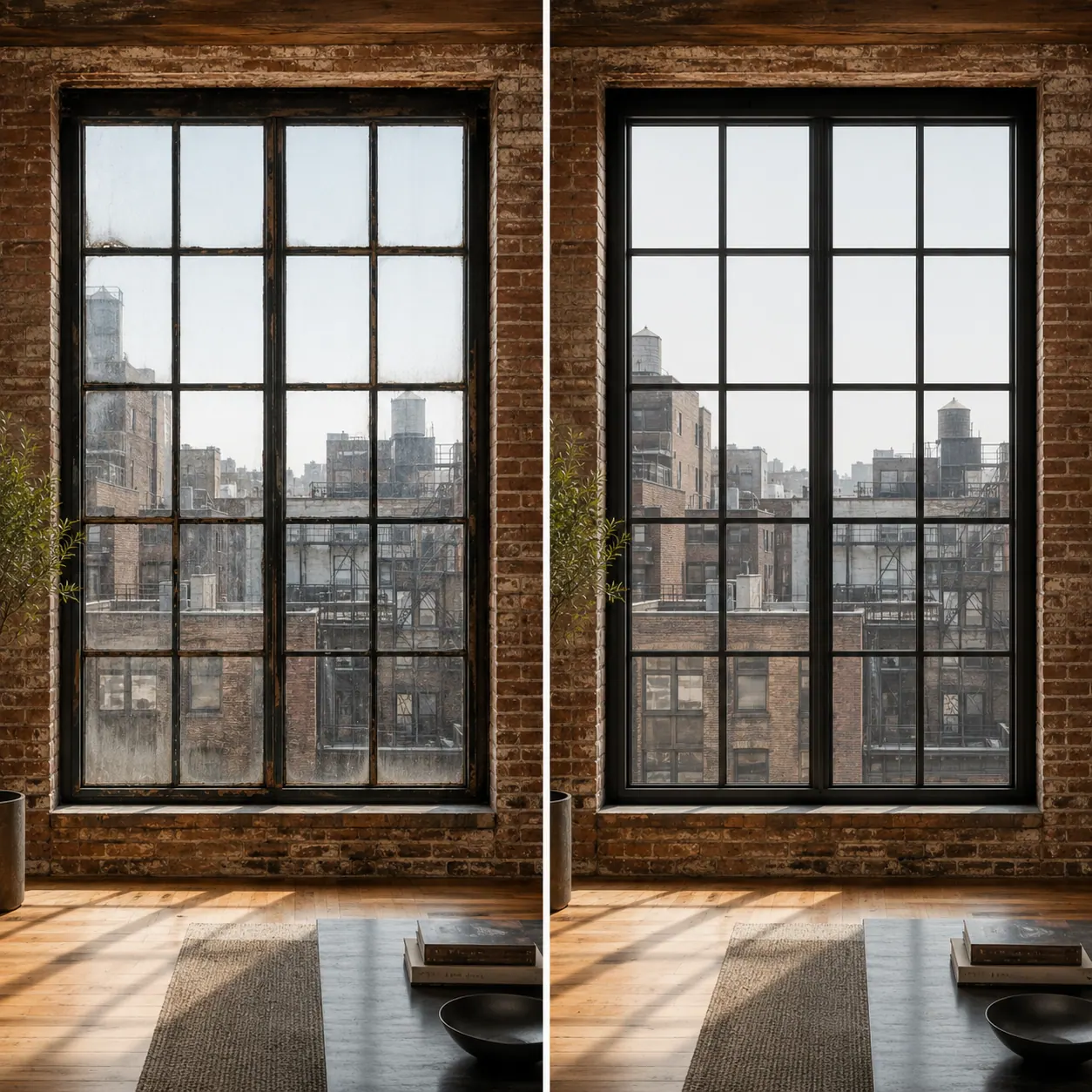 Original steel window beside a steel-look aluminum replacement, side by side