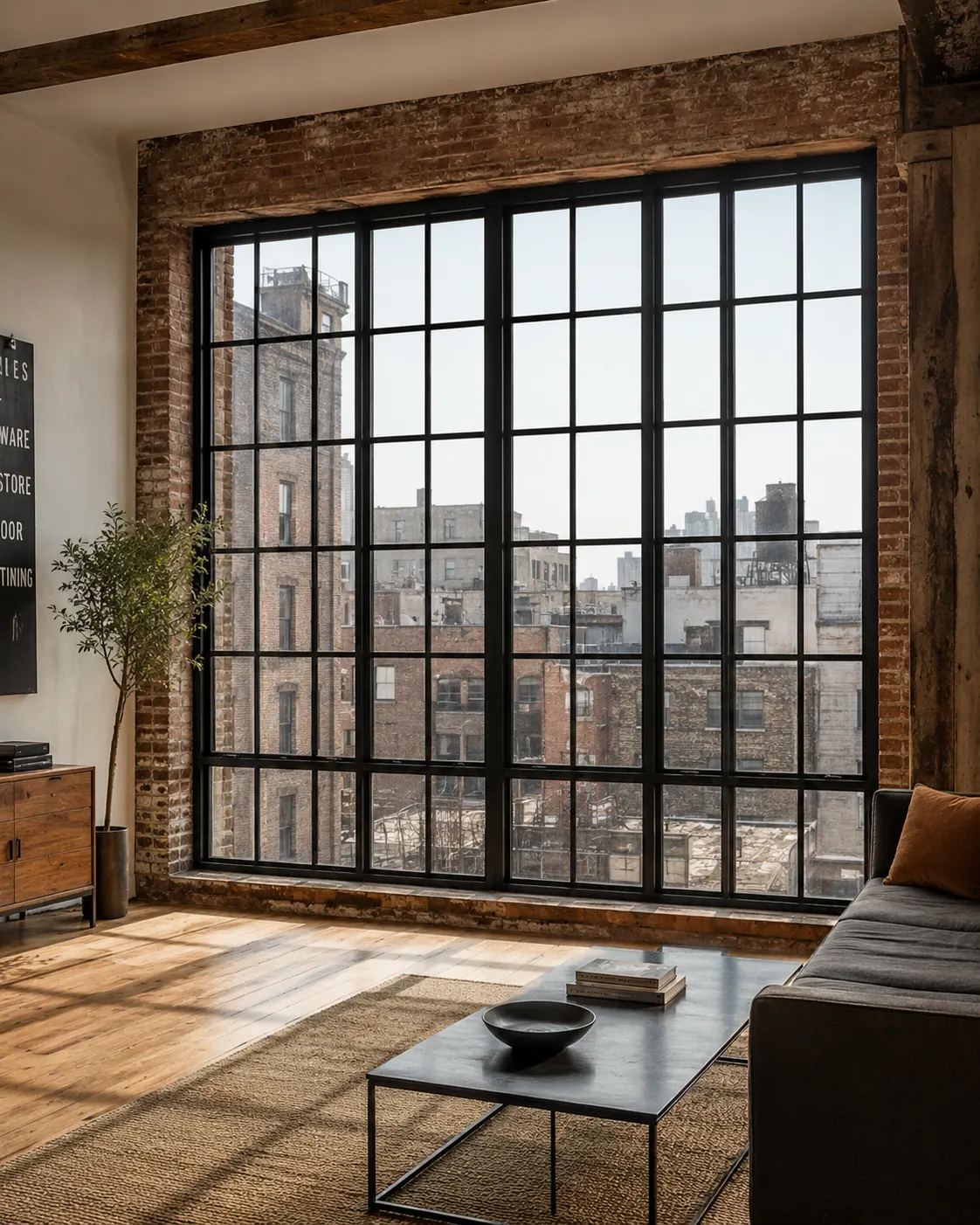 Black steel-look aluminum window grid in a converted loft