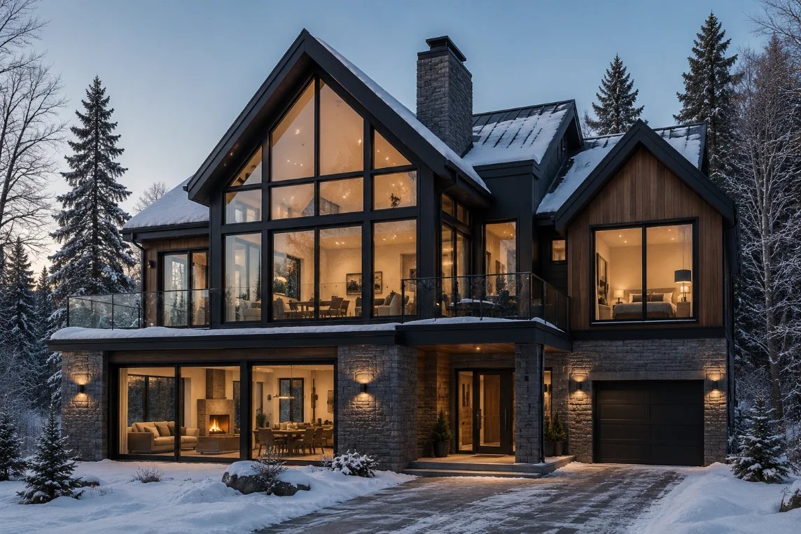A timber-and-glass New England home in winter