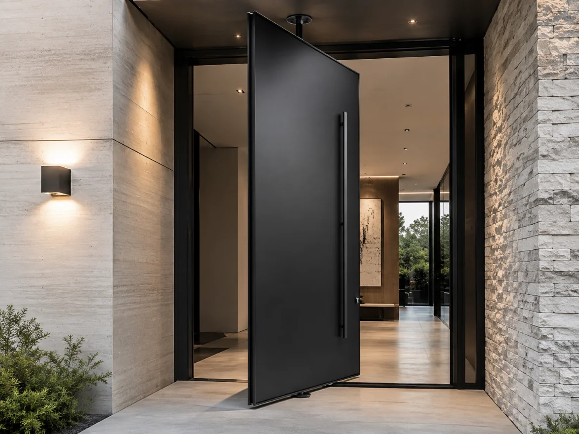 Pivot door mid-swing