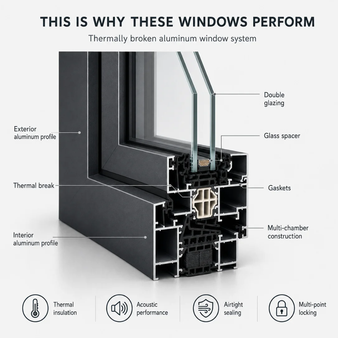 Cutaway of a thermally broken aluminum window system, showing the glazing build-up, thermal break and seals