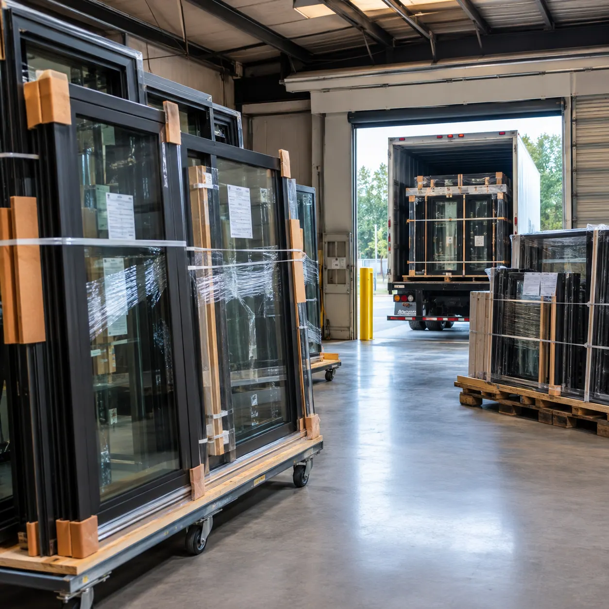 Vitraz finished windows staged and crated for delivery