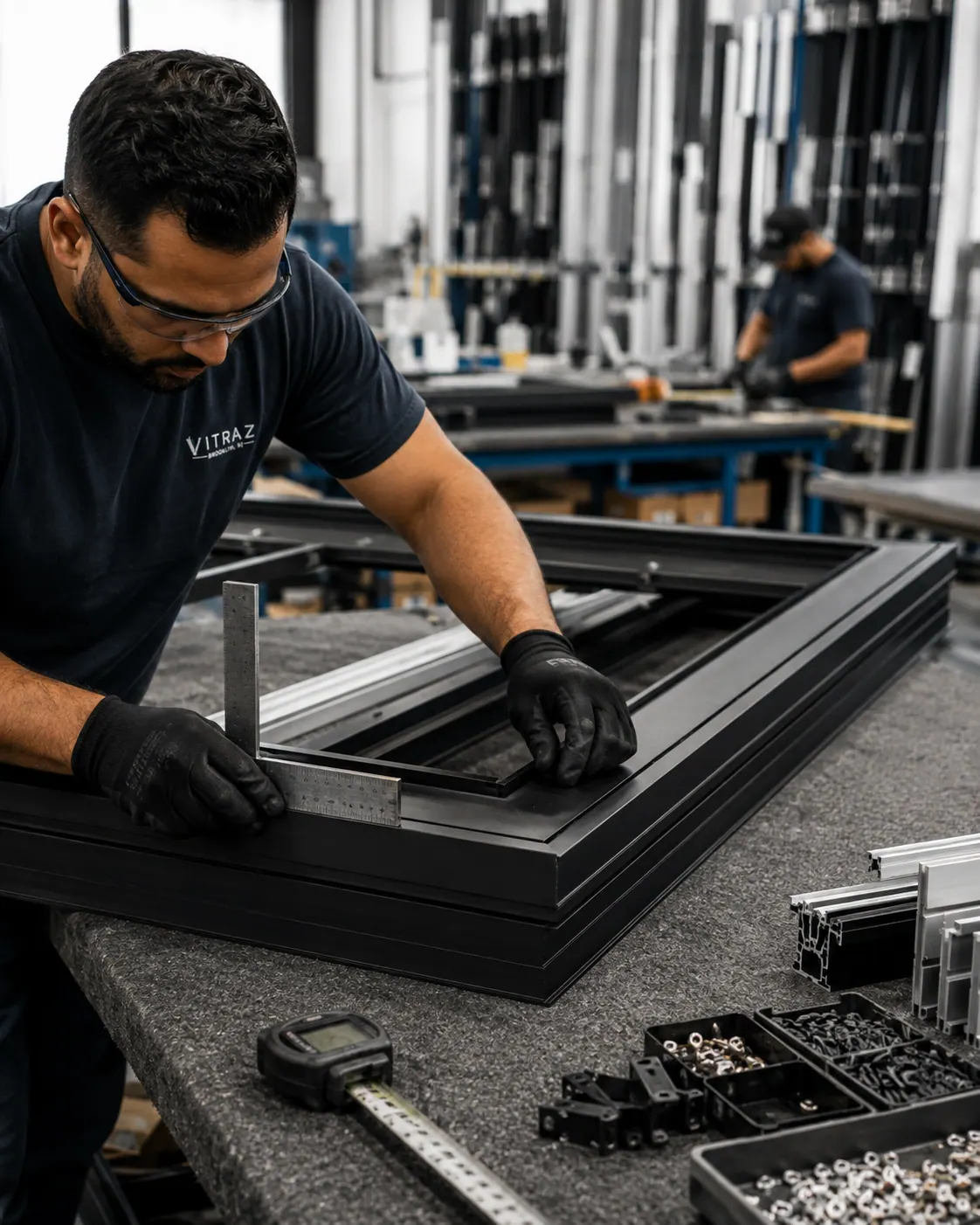 Vitraz team fabricating an aluminum frame in the Brooklyn shop