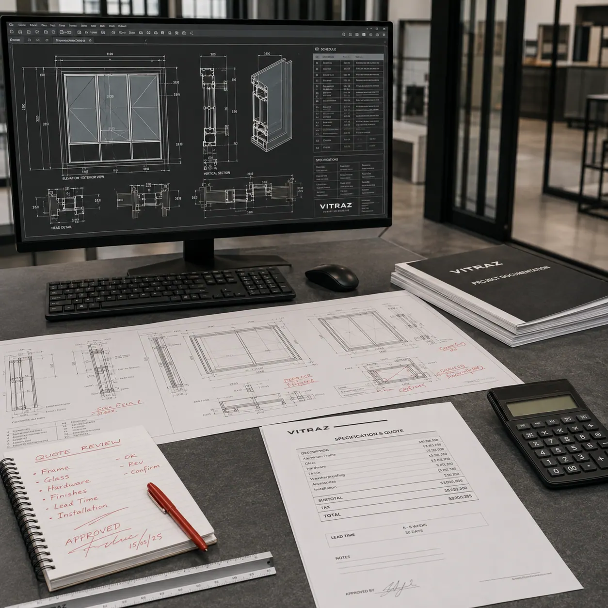 Vitraz specification, quote and CAD drawings on desk