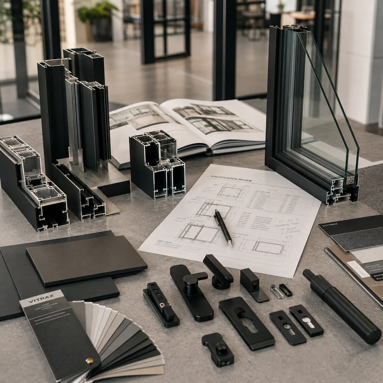 Vitraz specification review with material samples, hardware and profiles
