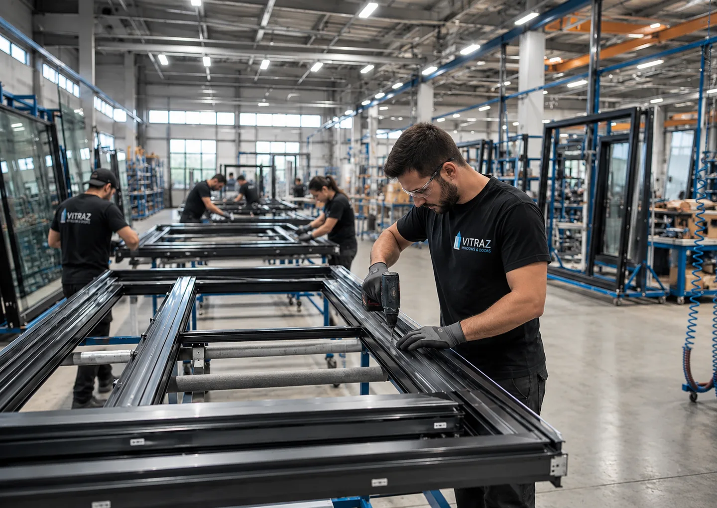 Vitraz fabricators assembling aluminum window frames on the benches of the Brooklyn workshop